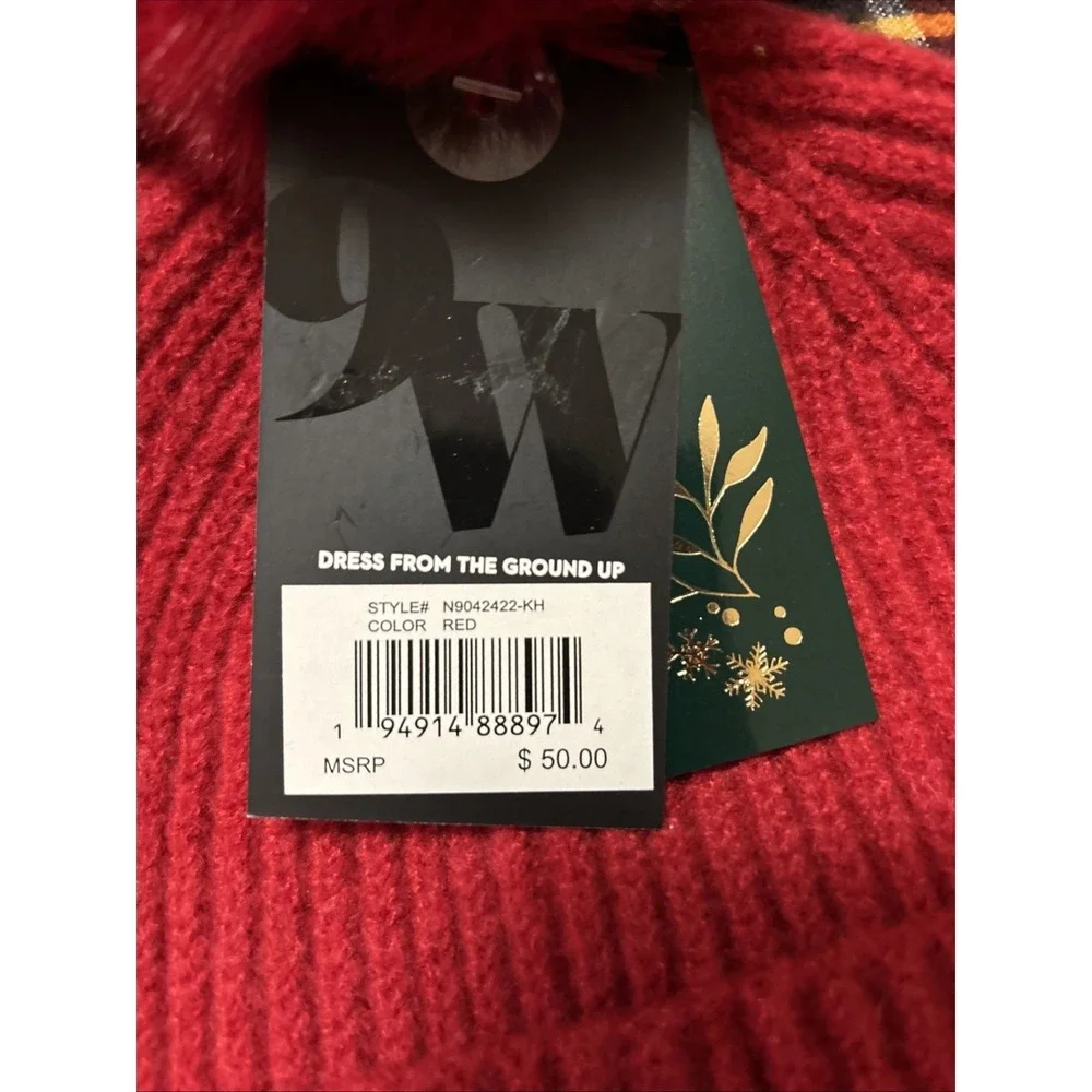 Nine West Scarf And Faux Fur Pom Beanie Set, Brand New In Box, Red Plaid Winter